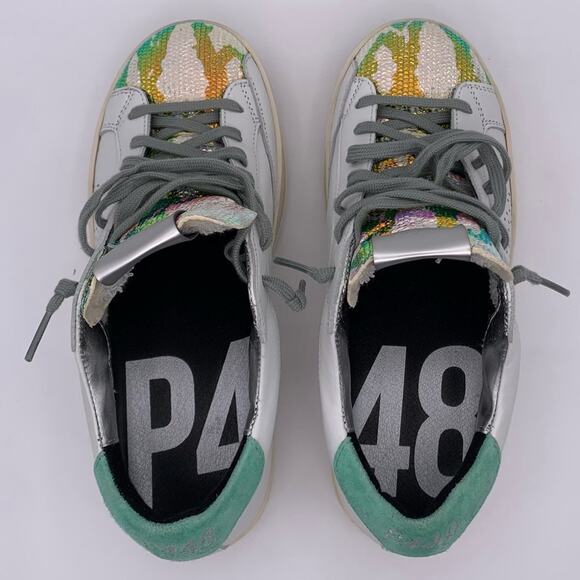 P448 John Women's White Leather Glitter Camo Iridescent Sneakers - Size: EUR 36 - Picture 12 of 15